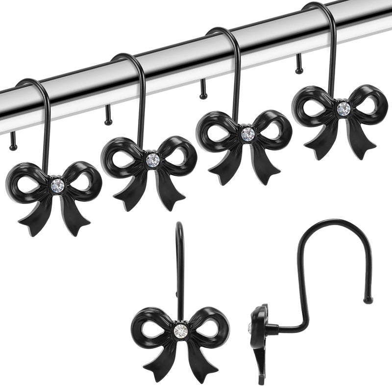 YanKiTour Black Bow Shower Curtain Hooks, 12 Pack Metal Decorative Rings, Rust Proof Bow Knot Design for Bathroom Bedroom Living Room Baby Room Nursery Art Decor (Black 3) - Image 1